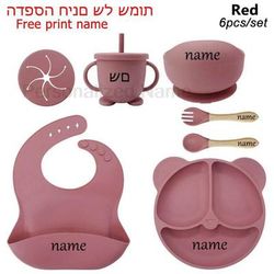 6 Piece Silicone Baby Feeding Set Suction Bowl, Plate, Bib & Utensils For Mess Free Mealtime red