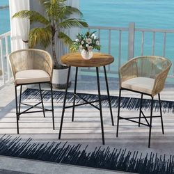 3 Piece Rope Woven Patio Bar Set With Soft Cushions Acacia Wood Tabletop, Outdoor Bistro Set For Garden, Balcony 3 Piece Rope Woven Patio Bar Set With Soft Cushions Acacia Wood Tabletop, Outdoor Bistro Set For Garden, Balcony