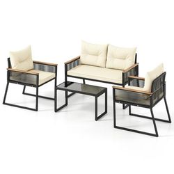 Outdoor Conversation Set, Patio Furniture Set With Tempered Glass Coffee Table And PE Rattan Chairs For Garden Outdoor Conversation Set, Patio Furniture Set With Tempered Glass Coffee Table And PE Rattan Chairs For Garden