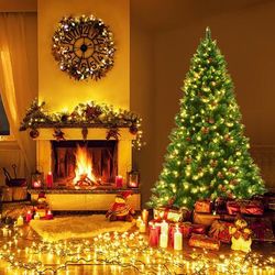 6.5 Ft Pre Lit Artificial Christmas Tree With LED Lights, Hinged Branches, Realistic Green Needles, Pine Cones 6.5 Ft Pre Lit Artificial Christmas Tree With LED Lights, Hinged Branches, Realistic Green Needles, Pine Cones