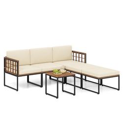 Outdoor Acacia Wood Patio Furniture Set With Coffee Table & Ottomans, Modular Sectional With Cushions For Balcony Outdoor Acacia Wood Patio Furniture Set With Coffee Table & Ottomans, Modular Sectional With Cushions For Balcony