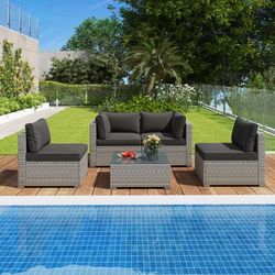 5 Piece Outdoor Patio Sectional Sofa Set With Glass Coffee Table & Cushions Rattan Furniture For Garden, Poolside 5 Piece Outdoor Patio Sectional Sofa Set With Glass Coffee Table & Cushions Rattan Furniture For Garden, Poolside