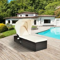 Chaise Cushioned Top Canopy Patio Rattan Lounge Chair With Tea Table Adjustable & Weather Resistant Chaise Cushioned Top Canopy Patio Rattan Lounge Chair With Tea Table Adjustable & Weather Resistant