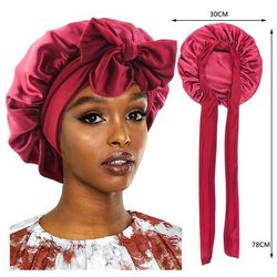New Satin Sleeping Cap For Women, Solid Wide Band Stretch Bonnet For Hair Care & Night Protection wine Red