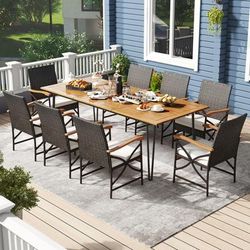 Wicker Patio Furniture Set Of 8 Armchairs With Soft Cushions & Acacia Wood Table 9 Piece Outdoor Dining Ensemble Wicker Patio Furniture Set Of 8 Armchairs With Soft Cushions & Acacia Wood Table 9 Piece Outdoor Dining Ensemble