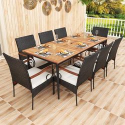 79" Outdoor Dining Set With Acacia Wood Table & 8 Rattan Woven Chairs Weather Resistant Patio Furniture 79" Outdoor Dining Set With Acacia Wood Table & 8 Rattan Woven Chairs Weather Resistant Patio Furniture
