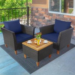 3 Piece Patio Rattan Bistro Furniture Set With Acacia Wooden Table Top, Navy Cushion Option 3 Piece Patio Rattan Bistro Furniture Set With Acacia Wooden Table Top, Navy Cushion Option