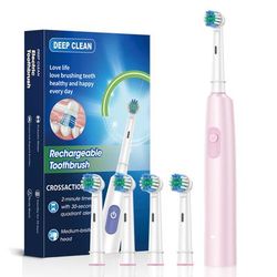 Rechargeable Electric Tooth Brush For Adults, Rotary Cleaning With 8 Brush Heads, 5 Modes, Long Lasting Battery Power pink 4 Heads