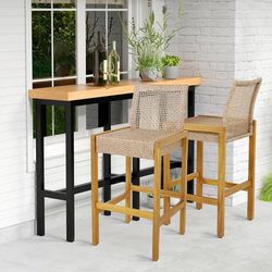 2 Piece Rattan Barstool Set, Patio Wood Dining Chairs With Ergonomic Backrest & Footrest 2 Piece Rattan Barstool Set, Patio Wood Dining Chairs With Ergonomic Backrest & Footrest
