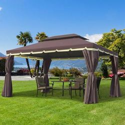 Coffee Colored Patio Gazebo, 10x13ft Aluminum Frame With Mesh Netting & 2 Tier Roof Coffee Colored Patio Gazebo, 10x13ft Aluminum Frame With Mesh Netting & 2 Tier Roof
