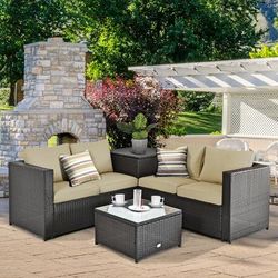 4 Pieces Outdoor Patio Rattan Furniture Set With Loveseat, Coffee Table & Storage Box, All Weather Wicker Seating 4 Pieces Outdoor Patio Rattan Furniture Set With Loveseat, Coffee Table & Storage Box, All Weather Wicker Seating