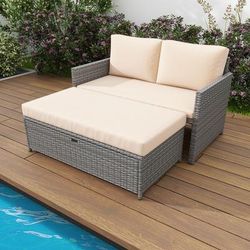 Outdoor Rattan Daybed Wicker Loveseat With 31 Gallon Storage Ottoman, Space Saving Patio Lounge Set Outdoor Rattan Daybed Wicker Loveseat With 31 Gallon Storage Ottoman, Space Saving Patio Lounge Set