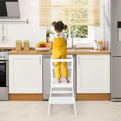 2 in 1 Multifunctional Toddler Step Stool With Safety Rail, Solid Wood Kids Helper For Bathroom & Kitchen 2 in 1 Multifunctional Toddler Step Stool With Safety Rail, Solid Wood Kids Helper For Bathroom & Kitchen