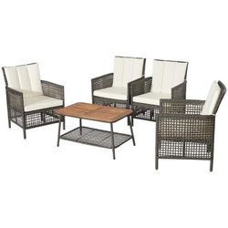 Outdoor Patio Rattan Furniture Set With Cushioned Sofa And Armrest, PE Wicker Chairs & Wooden Coffee Table Outdoor Patio Rattan Furniture Set With Cushioned Sofa And Armrest, PE Wicker Chairs & Wooden Coffee Table