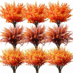 2pcs Artificial Fall Flowers UV Resistant Plastic Faux Boston Fern Eucalyptus Plant for Thanksgiving Home Garden Decor Autumn