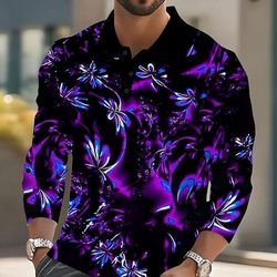 Per uomo Piante Fluorescente Polo Manica Lunga Magliette polo Bavero Casual Streetwear Athleisure Abbigliamento quotidiano Stampa 3D Bottoni Primavera Autunno Inverno Blu Viola Verde