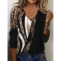 Per donna Tunica Maglietta Stampato Leopardo Blocco di colori Lettera Vintage Elegante Casual Manica Lunga Scollo a V Top Regolari Quotidiano Sportivo Weekend Nero Autunno