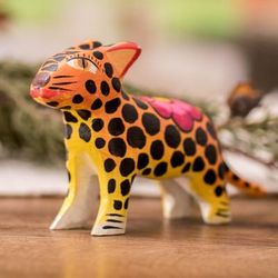 Jazzy Jaguar,'Hand-Painted Jaguar Wild Cat Pinewood Alebrije Figurine'