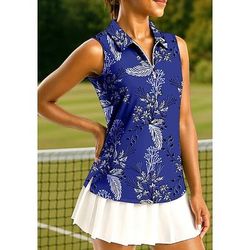 Per donna Piante Motivo Floreale Top Maglietta sportiva Polo da golf Maglia da tennis Senza Maniche Cerniera Floreale UPF50 Resistente ai Raggi UV Alta elasticità Traspirante Tennis Corsa Pickleball
