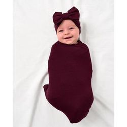 Classic Burgundy Swaddle & Luxe Baby Girl Soft & Stretchy Bamboo Bow Headbands Set - OSFA