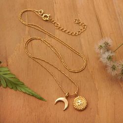 'Gold-Plated Necklace with Sun Crescent Moon Dual Pendants'
