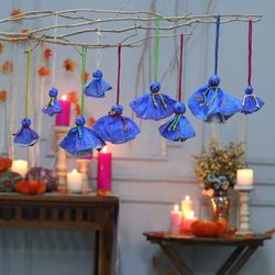 '9 Hand-Embroidered Viscose Doll Halloween Ornaments in Blue'