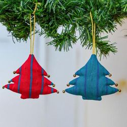 'Striped 2-Piece Rayon Tree Ornament Set in Red and Teal Hues'