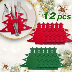 12Pcs Felt Christmas Tree Cutlery Rack Fork Spoon Bag Christmas Table Decoration Cutlery Bag Xmas Party Festival Table Ornament