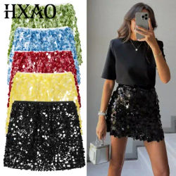 HXAO Mini jupes à paillettes pour femmes automne 2025 noir vert rouge jaune bleu jupe Sexy paillettes ligne jupe de danse jupes de noël