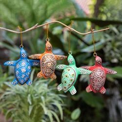 Festive Shells,'Set of 4 Painted Colorful Jempinis Wood Turtle Ornaments'