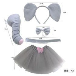 Ensemble de olympiques d'éléphant gris pour la fête d'Halloween, oreilles d'éléphant, bande de sauna, nœud, tutu de queue, kit de costume de paupières animal, cosplay