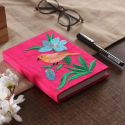 'Spring-Themed Cerise Pink Embroidered Handmade Paper Journal'