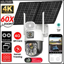 4K AOV 24/7 Hours Solar Camera 4G SIM 60X Optical Zoom PTZ Human Auto Tracking Security 10MP Home Outdoor Surveillance 31200 Mah