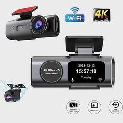 Dashcam con telecamera frontale HD 4K e telecamera posteriore 1080p, connettività mobile Wi-Fi e schermo IPS da 1,5 pollici per la registrazione in loop.