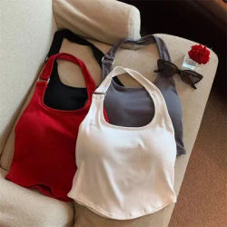 Women's Backless Halter Camisole Vest Sexy Sleeveless Padded Crop Top Sweet Summer Slim Elegant Camis Vintage Black Tank Top Y2K