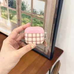 Case for AirPods 4 Suitable Girls Silicone Earphone Brown pink checkered flocked bear pendant for AirPods 1 2 3 Pro 2