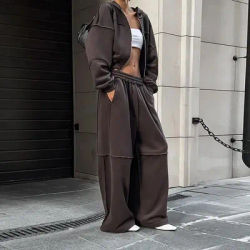 Vintage Y2K High Street Tracksuit Women Loose Long Sleeved Hooded Jackets with Elastic Waist Straight Sweatpants 2pcs Sweatsuits