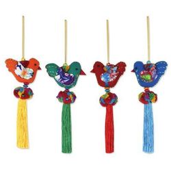 Happy Thai Doves,'4 Birds and Brass Bells Artisan Crafted Multicolor Ornaments'