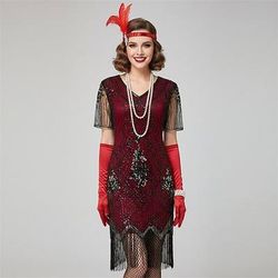 Set Anni Ruggenti Anni 1920 Abito Flapper Abito da cocktail con accessori Il grande Gatsby Ragazza Flapper Paillettes Frangia con nappe Frangia di nappa Con lustrini Costume Per donna Costume