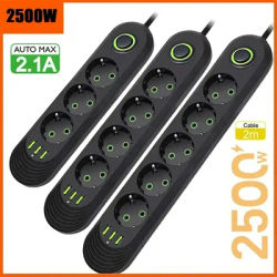 EU Plug AC Outlet 2500W Multiports Power Strip with 3USB Port 2m Extension Cable Round Pin AC Outlet Electrical Charger Adapter