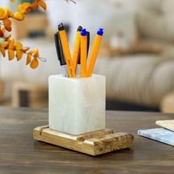 All in Place,'Marble Wood Pencil Holder with Slots for Phone and Cards'