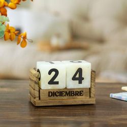 Everlasting Time,'Marble Perpetual Desk Calendar with Natural Wood Base'