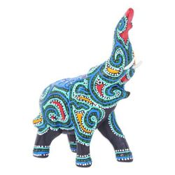 'Thai Elephant Figurine Hand-Painted in Black Blue and Aqua'