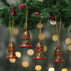 'Artisan-Made 4-Piece Red and Golden Wood Bell Ornament Set'
