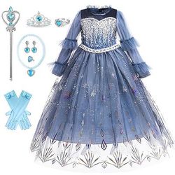 Settimana del libro 2026 per bambine, costume di Halloween Elsa Frozen, vestito con paillettes, floreale, per spettacoli, festa, blu, maniche lunghe, principessa, dolce, abiti autunno inverno, vestibilità regolare, 4-12 anni