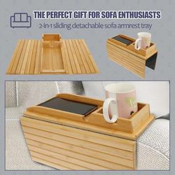 Bamboo Sofa Armrest Tray Foldable Couch Cup Holder With Anti Slip Design And Side Storage e