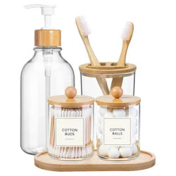 5 Pack Bamboo Bathroom Accessories Set with Tray - Plastic Soap Dispenser Clear Toothbrush Holder and 2 Qtip Holder Cotton Ball