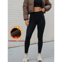 Women's leggings with thermal fleece interior. High waist design provides coverage and comfort for yoga and workout sessions