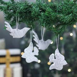 '4 Bird Fish-Themed Embossed Faux Leather Christmas Ornaments'
