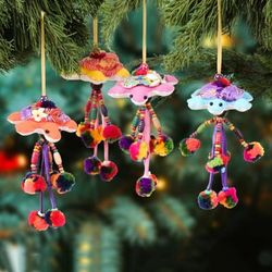 Joyful Turtles,'4 Cotton Blend Turtle Christmas Ornaments with Pompom Bell'